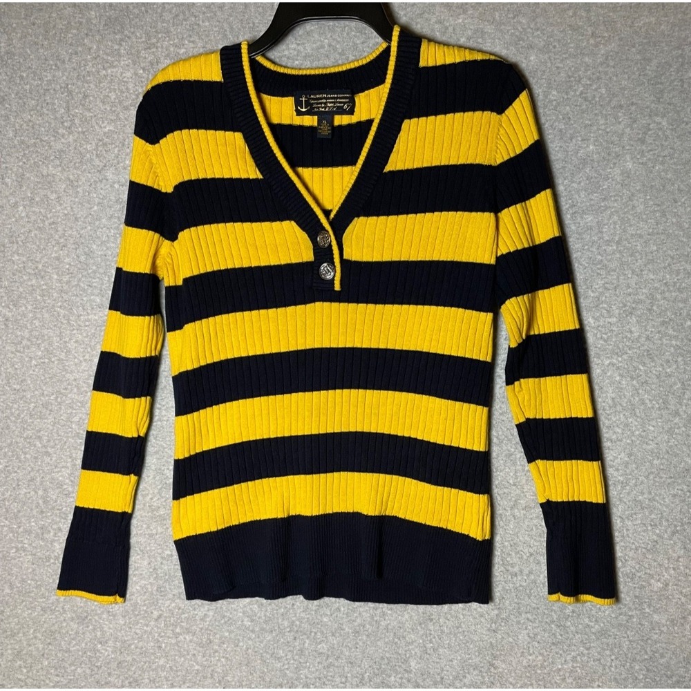 Lauren Jeans Co Sweatshirt Womens XL Striped Gold‎ Navy Ribbed Preppy Academia